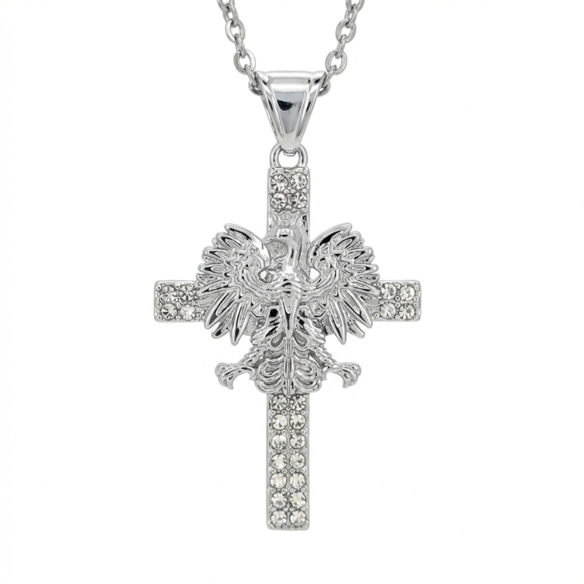 Poland Iced Cross Eagle Necklace - Silver