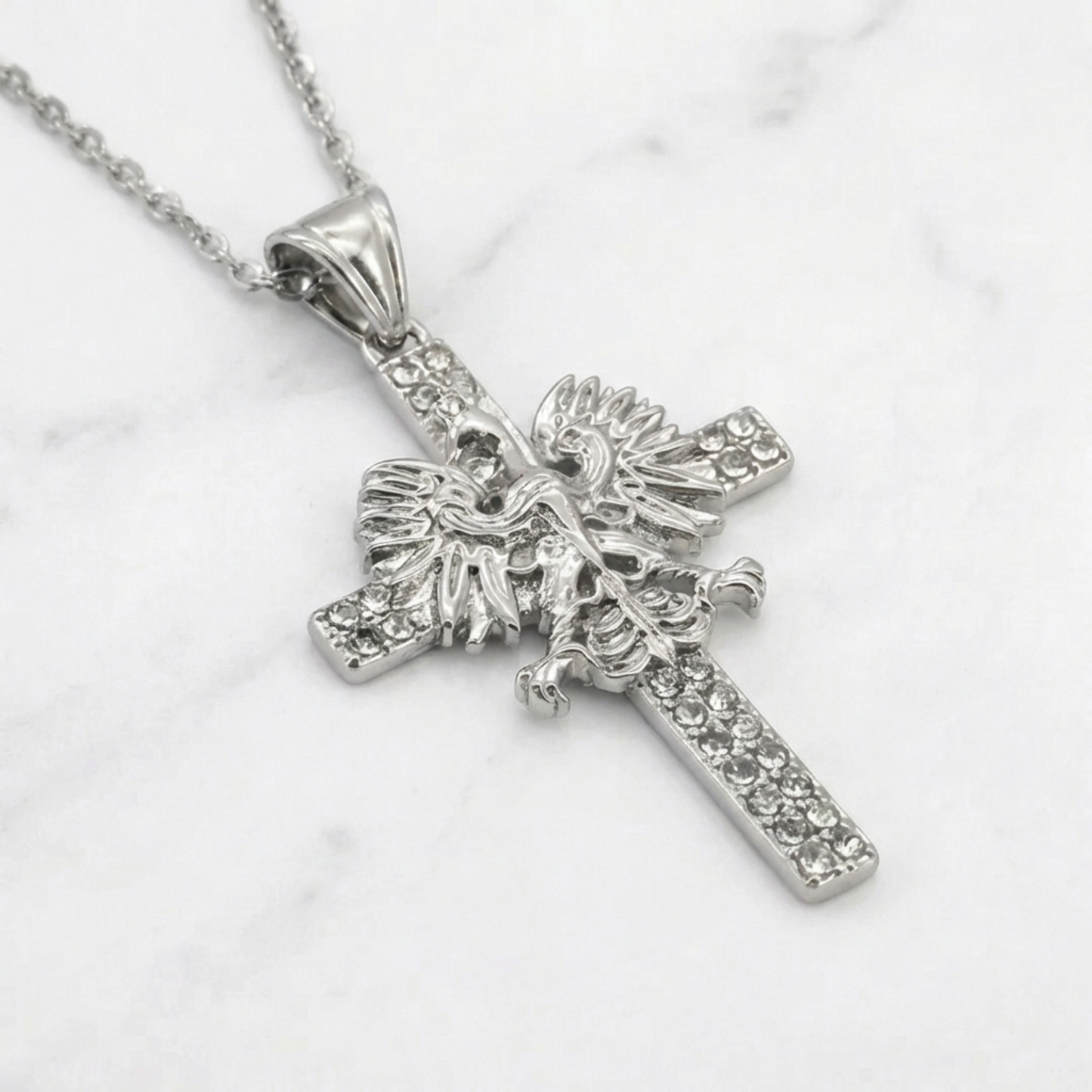 Poland Iced Cross Eagle Necklace - Silver