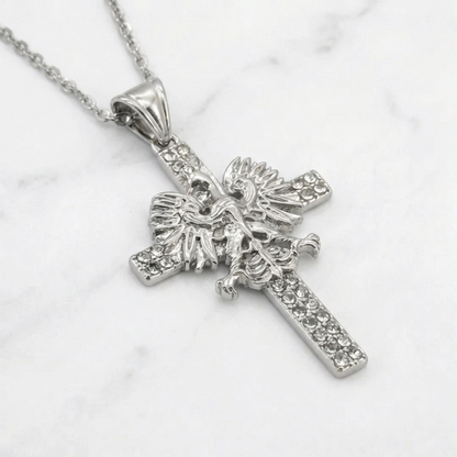 Poland Iced Cross Eagle Necklace - Silver