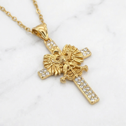 Poland Iced Cross Eagle Necklace - Gold