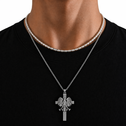 Poland Iced Cross Eagle Necklace - Silver