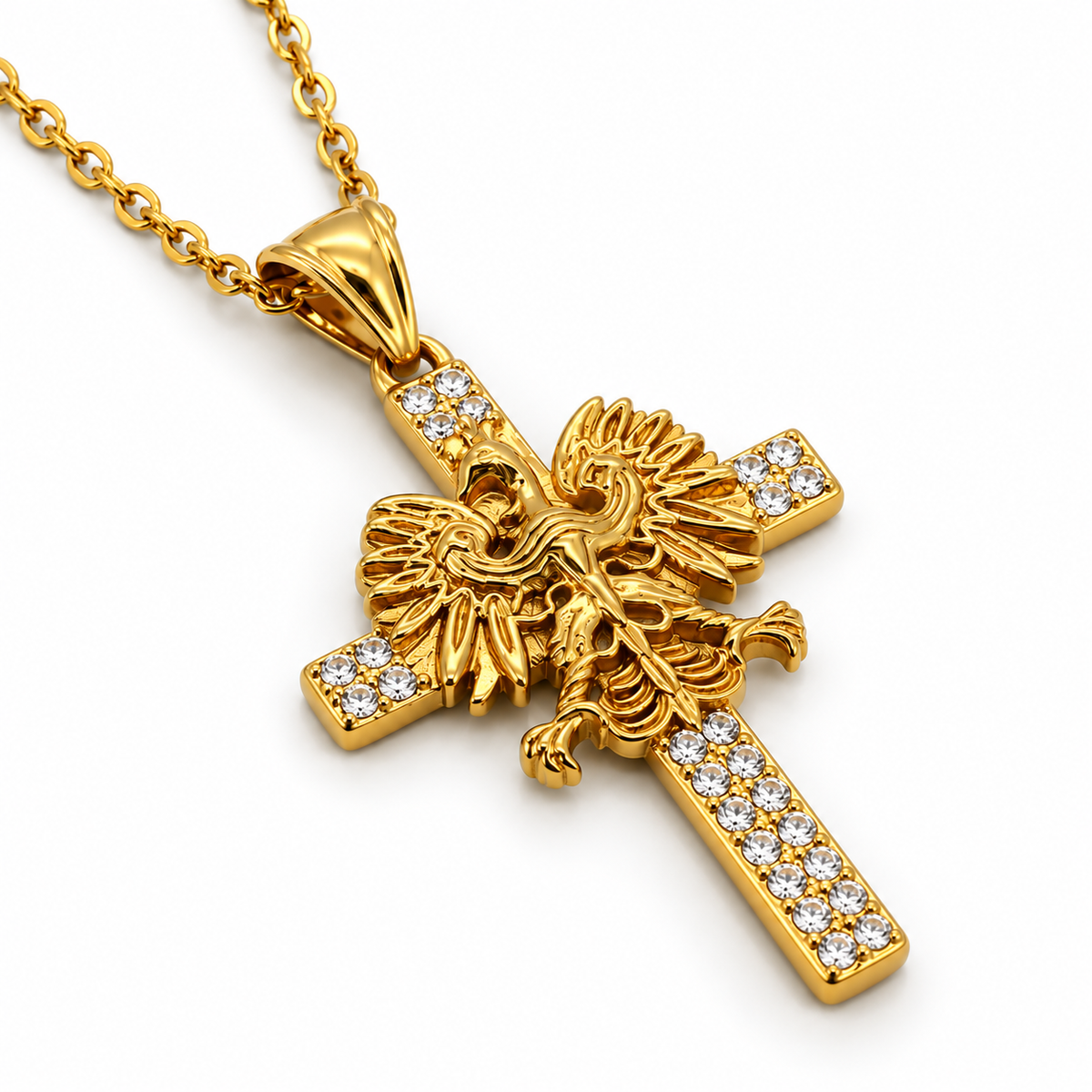 Poland Iced Cross Eagle Necklace - Gold