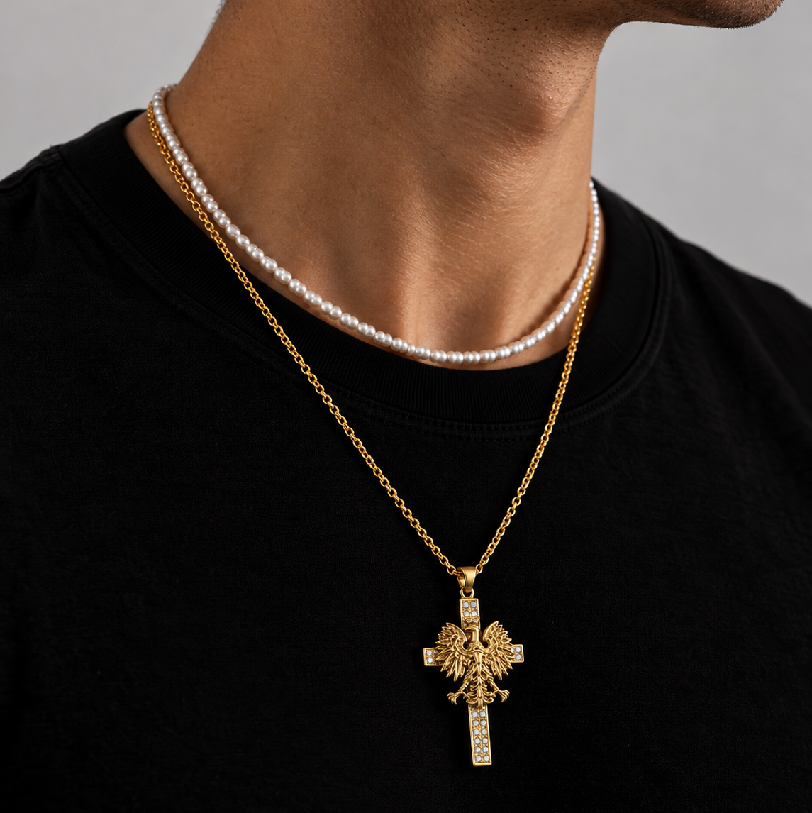 Poland Iced Cross Eagle Necklace - Gold