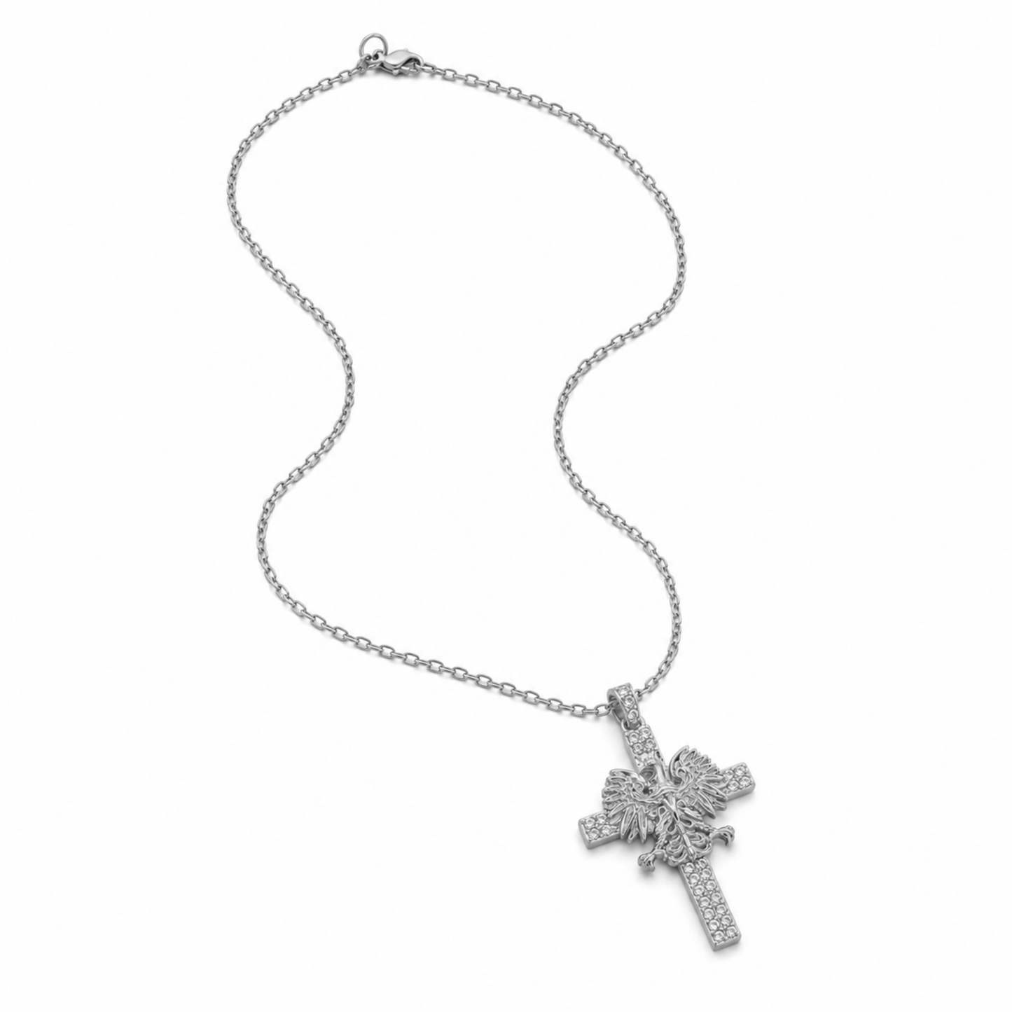 Poland Iced Cross Eagle Necklace - Silver