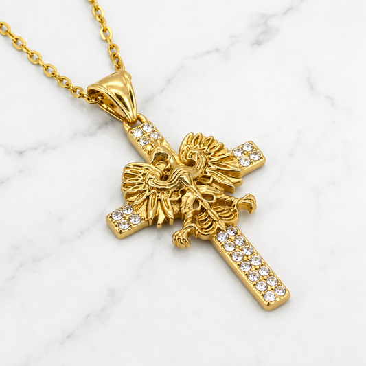 Poland Iced Cross Eagle Necklace - Gold