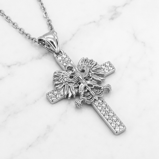 Poland Iced Cross Eagle Necklace - Silver