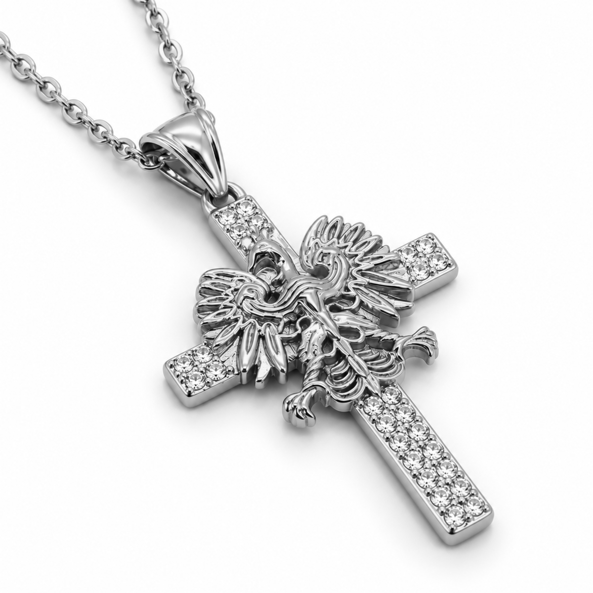 Poland Iced Cross Eagle Necklace - Silver