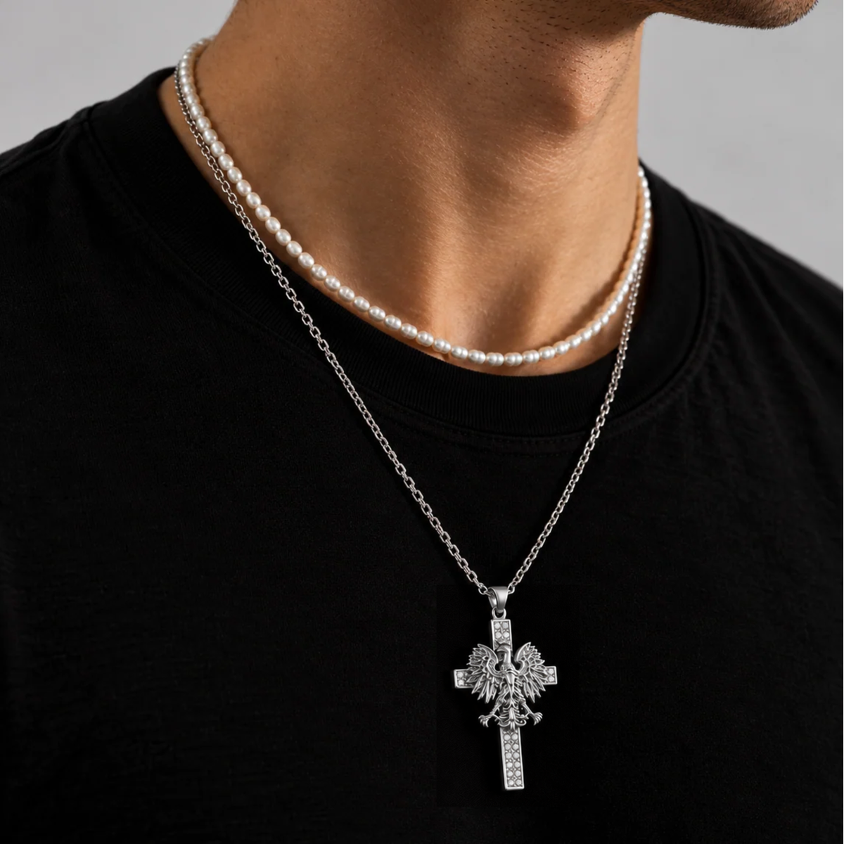 Poland Iced Cross Eagle Necklace - Silver
