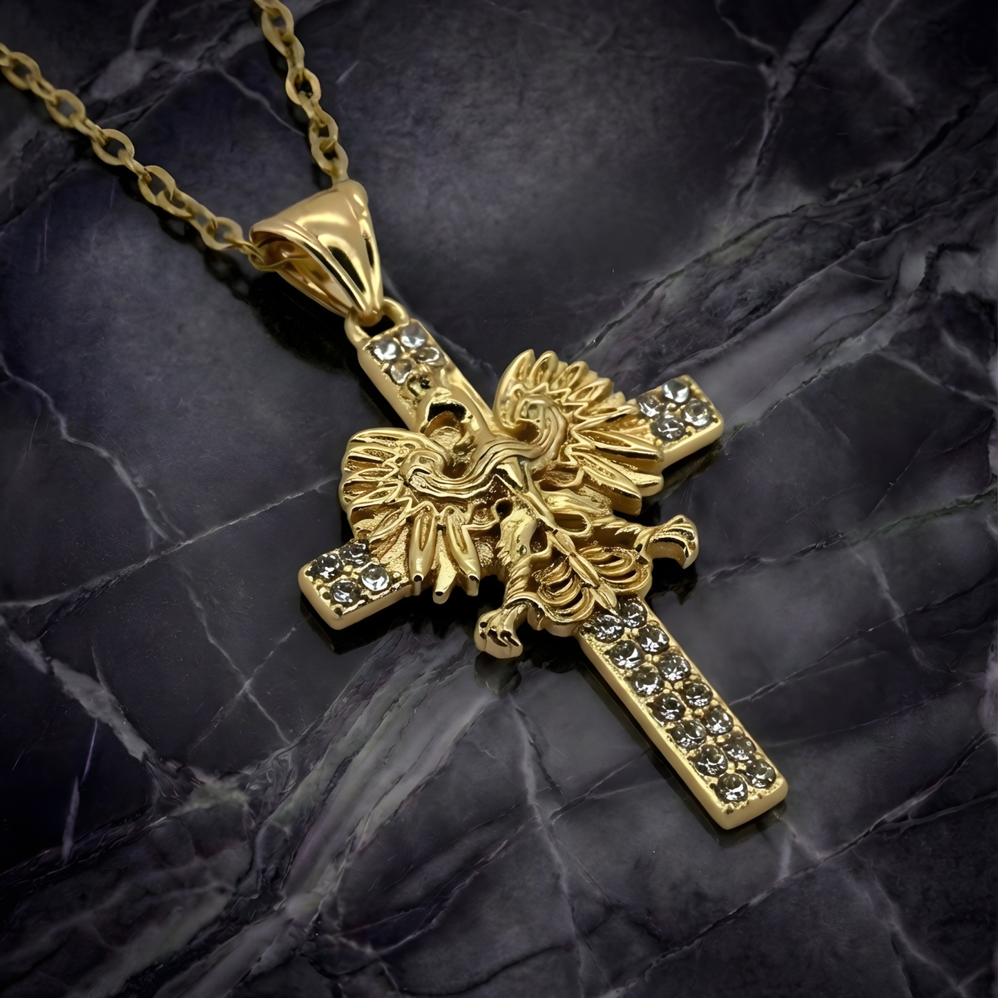 PLNDSKI Iced Cross Eagle Necklace - Gold